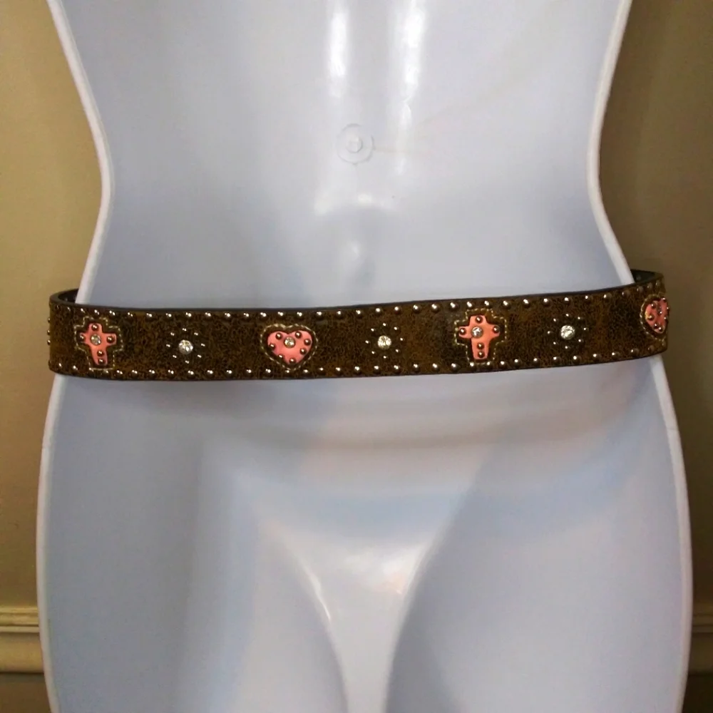 Nocona Belt Co. Girl's Brown & Pink Rhinestone & Silver Studded Western Belt